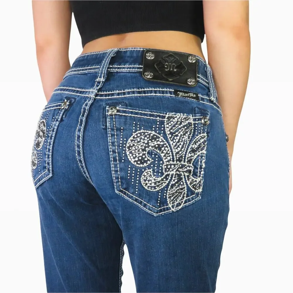 Miss Me Easy Skinny Jeans Fleur De Lis Bling Rhinestone Pocket Jeans Size 26